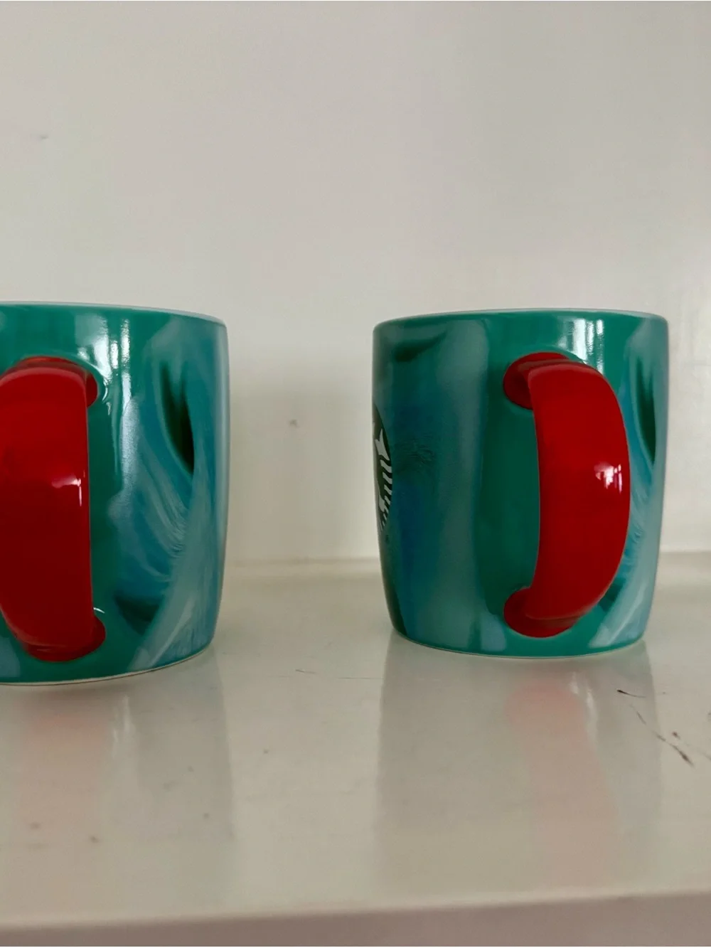 Starbucks 2024 Holiday Teal Green Marble Mugs with Red Handle - Set of 2 (11oz)